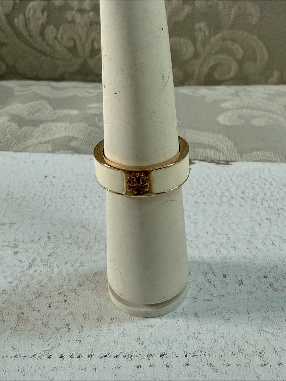 Tory Burch White Enamel and Gold Logo Band Ring